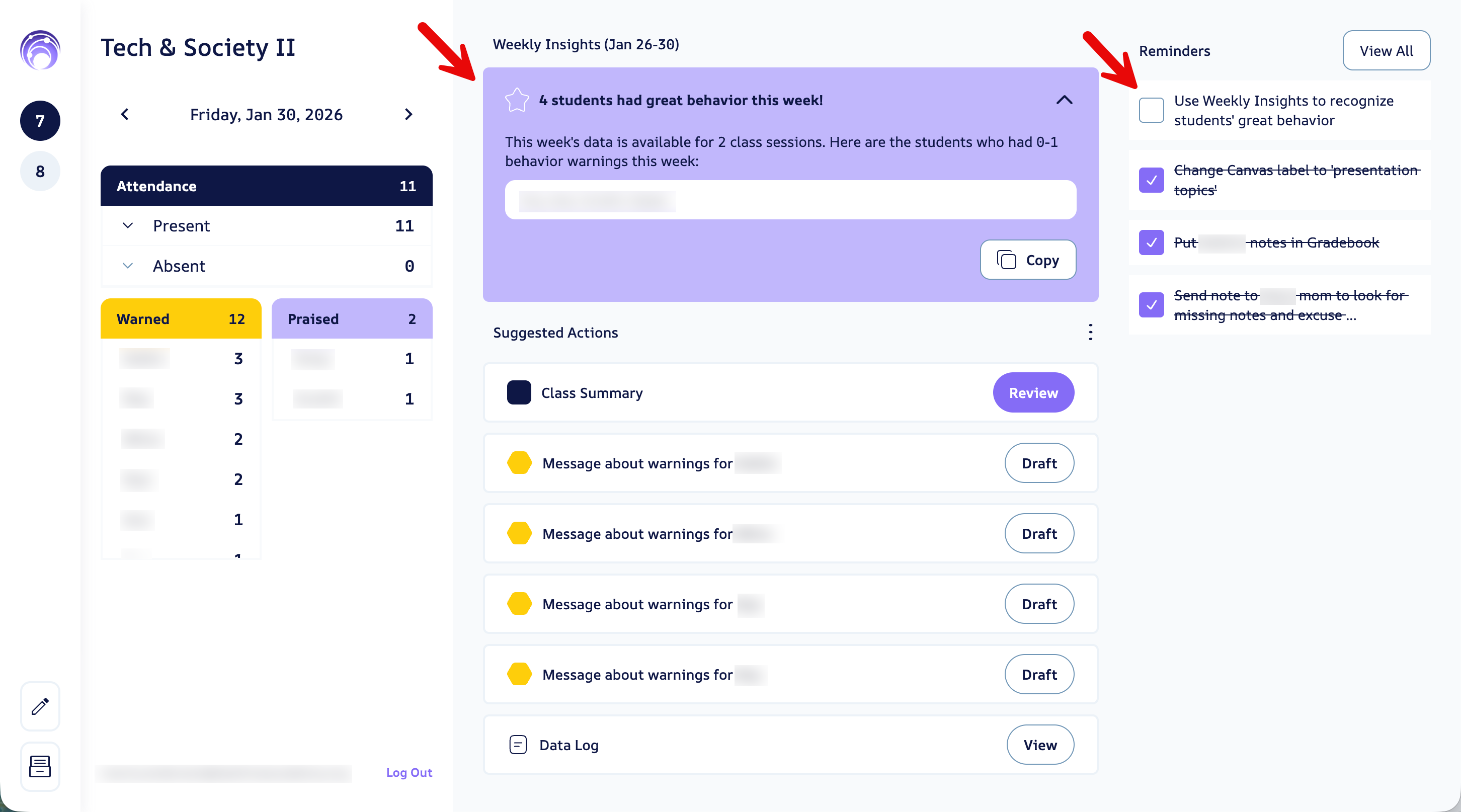 View of weekly insights inside of Class Dashboard also showing to-do in reminders column